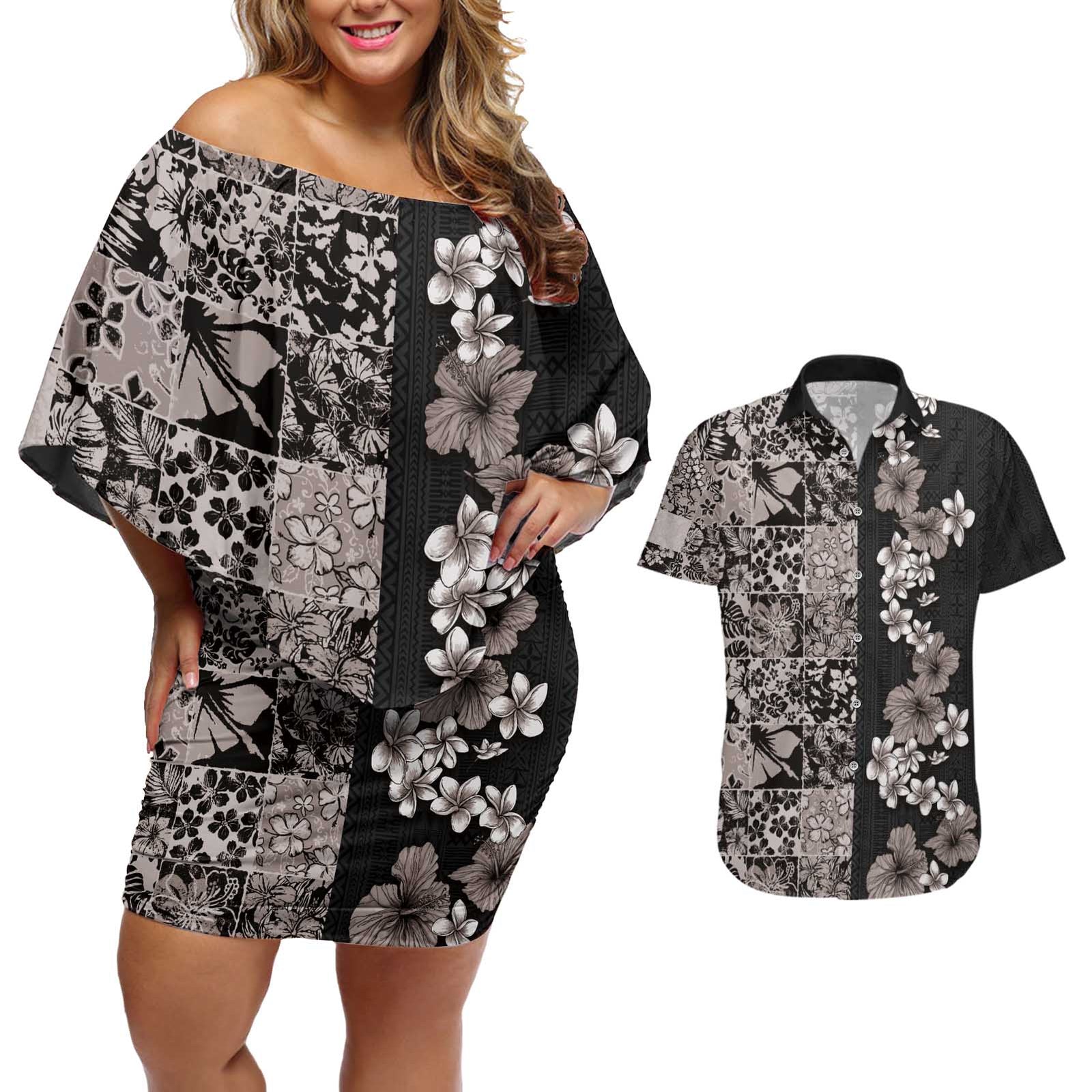 Hawaiian Hibiscus and Tropical Leaves Couples Matching Off Shoulder Short Dress and Hawaiian Shirt Patchwork Grunge Abstract Vintage Style Grayscale Color LT03 Black - Polynesian Pride