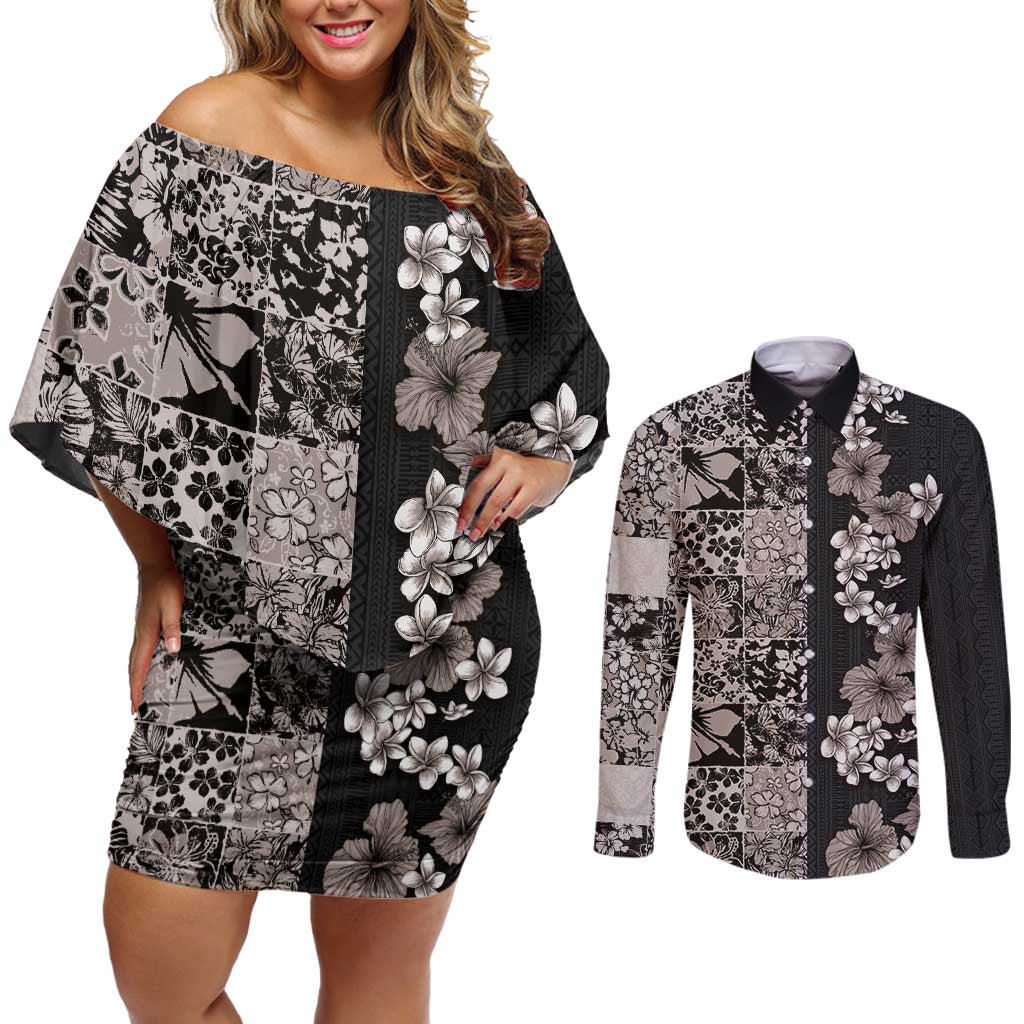 Hawaiian Hibiscus and Tropical Leaves Couples Matching Off Shoulder Short Dress and Long Sleeve Button Shirt Patchwork Grunge Abstract Vintage Style Grayscale Color LT03 Black - Polynesian Pride