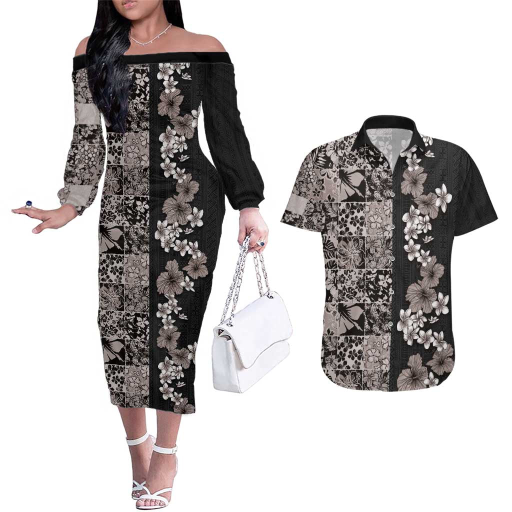 Hawaiian Hibiscus and Tropical Leaves Couples Matching Off The Shoulder Long Sleeve Dress and Hawaiian Shirt Patchwork Grunge Abstract Vintage Style Grayscale Color LT03 Black - Polynesian Pride