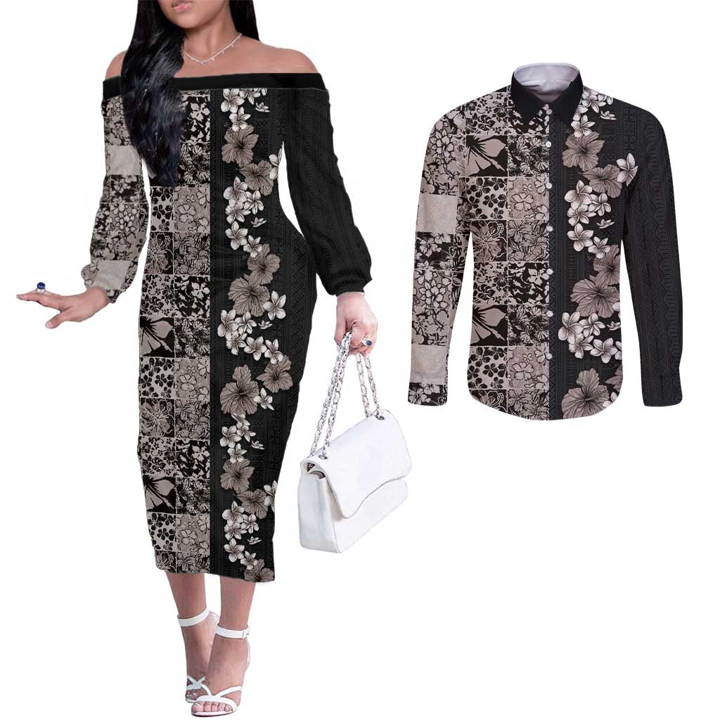 Hawaiian Hibiscus and Tropical Leaves Couples Matching Off The Shoulder Long Sleeve Dress and Long Sleeve Button Shirt Patchwork Grunge Abstract Vintage Style Grayscale Color LT03 Black - Polynesian Pride