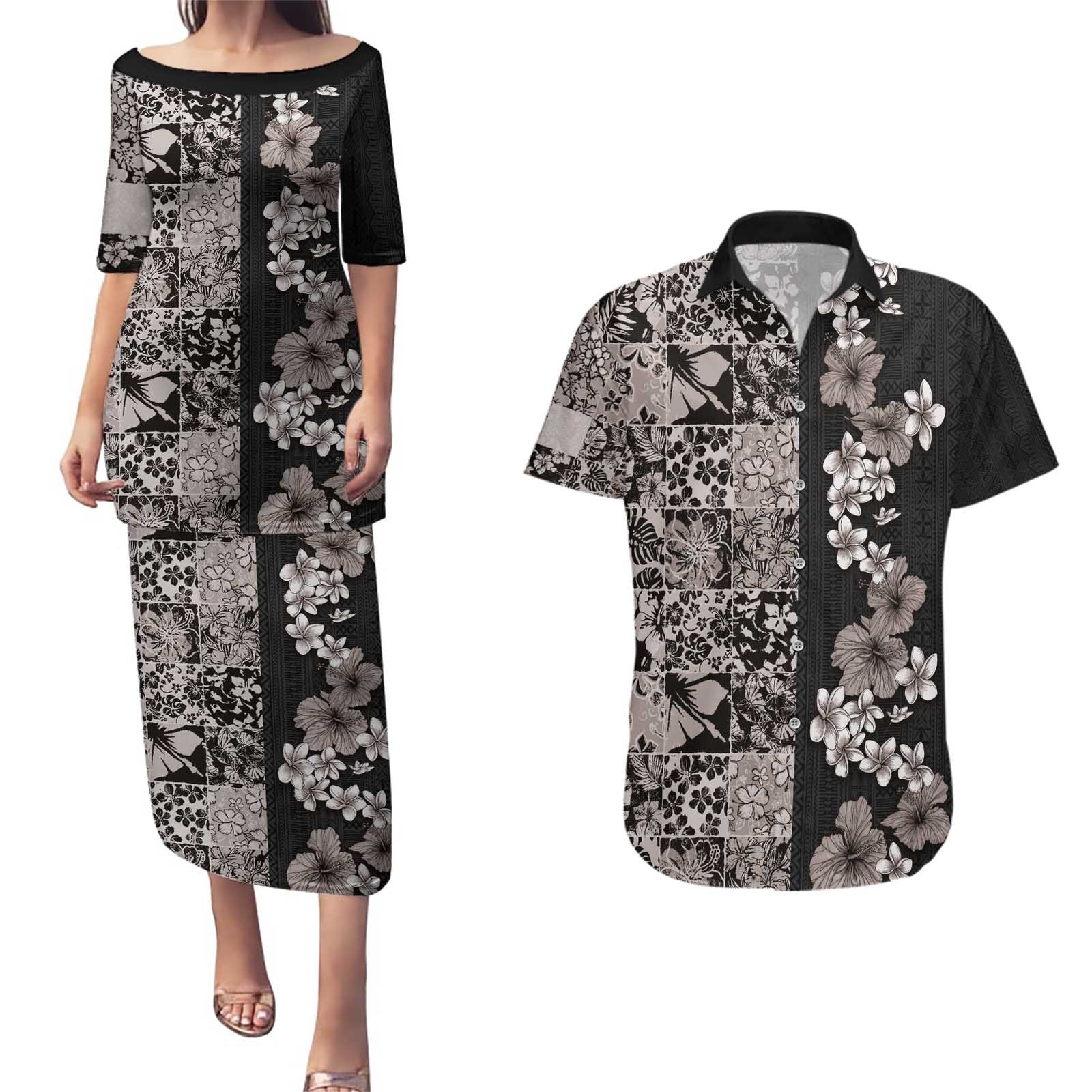 Hawaiian Hibiscus and Tropical Leaves Couples Matching Puletasi and Hawaiian Shirt Patchwork Grunge Abstract Vintage Style Grayscale Color LT03 Black - Polynesian Pride