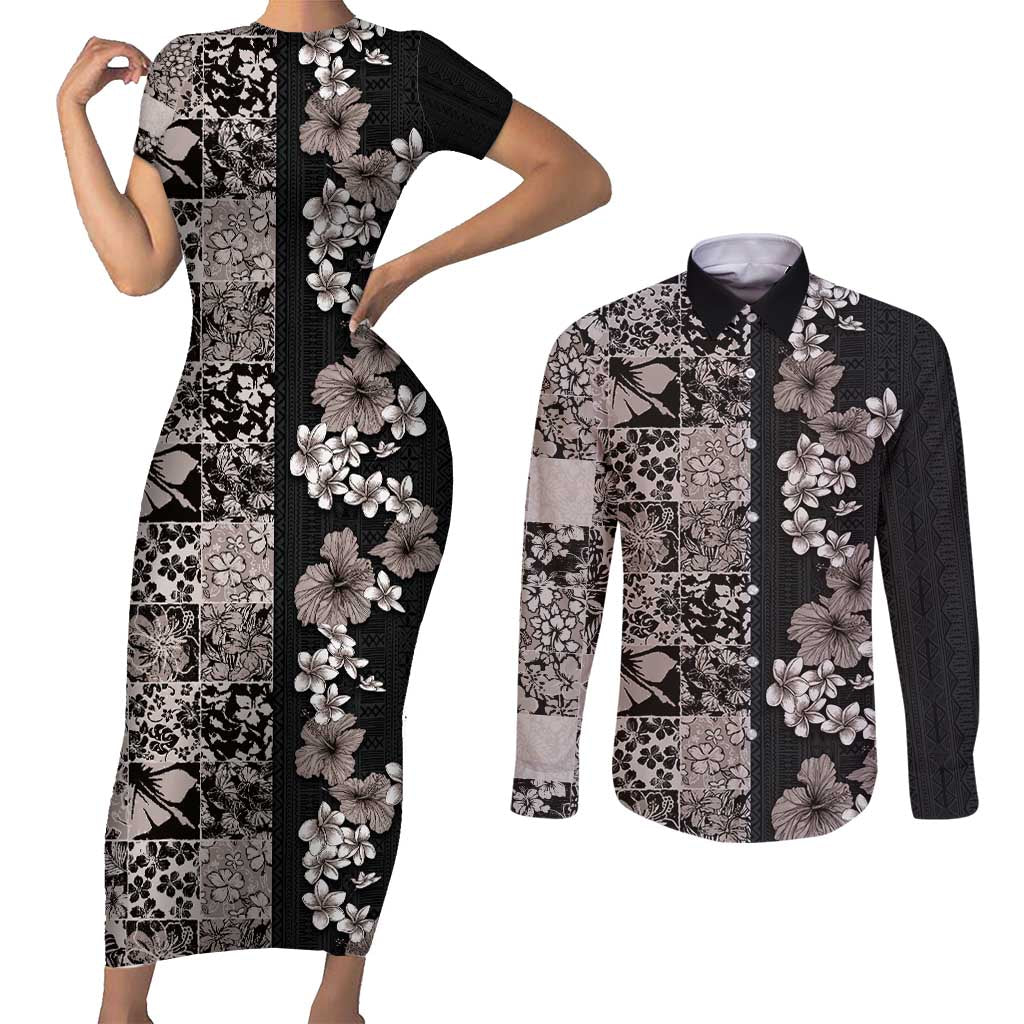 Hawaiian Hibiscus and Tropical Leaves Couples Matching Short Sleeve Bodycon Dress and Long Sleeve Button Shirt Patchwork Grunge Abstract Vintage Style Grayscale Color LT03 Black - Polynesian Pride