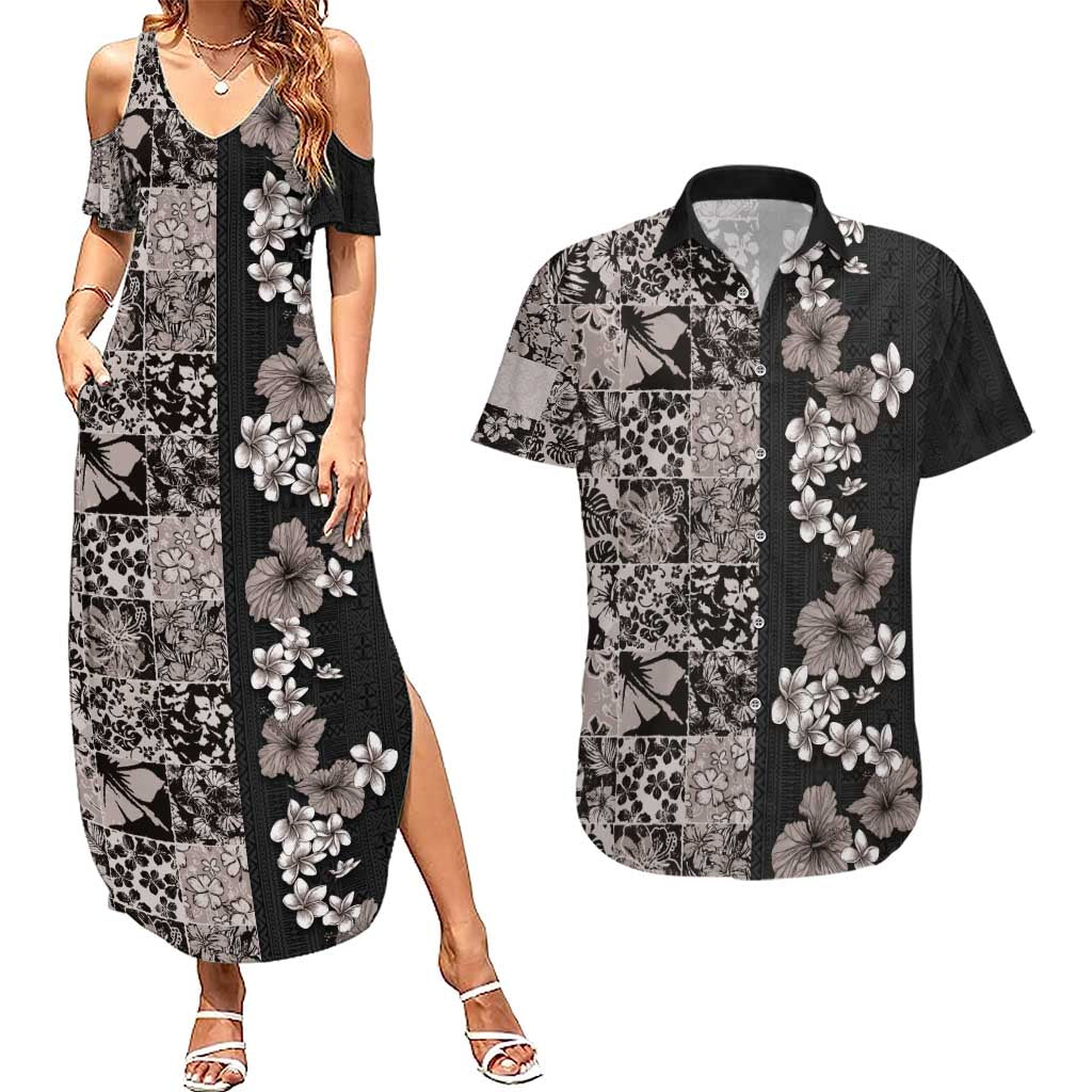 Hawaiian Hibiscus and Tropical Leaves Couples Matching Summer Maxi Dress and Hawaiian Shirt Patchwork Grunge Abstract Vintage Style Grayscale Color LT03 Black - Polynesian Pride
