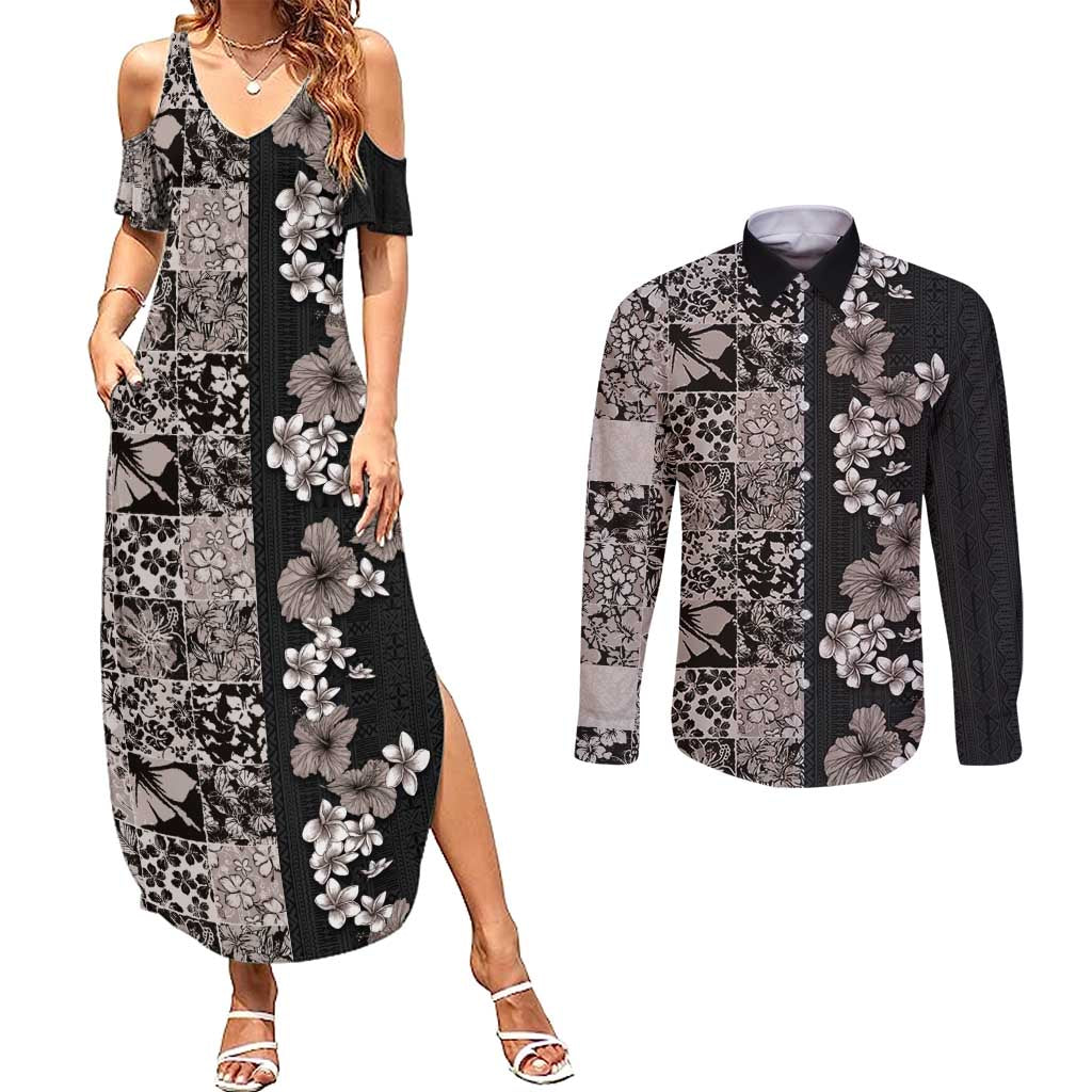 Hawaiian Hibiscus and Tropical Leaves Couples Matching Summer Maxi Dress and Long Sleeve Button Shirt Patchwork Grunge Abstract Vintage Style Grayscale Color LT03 Black - Polynesian Pride