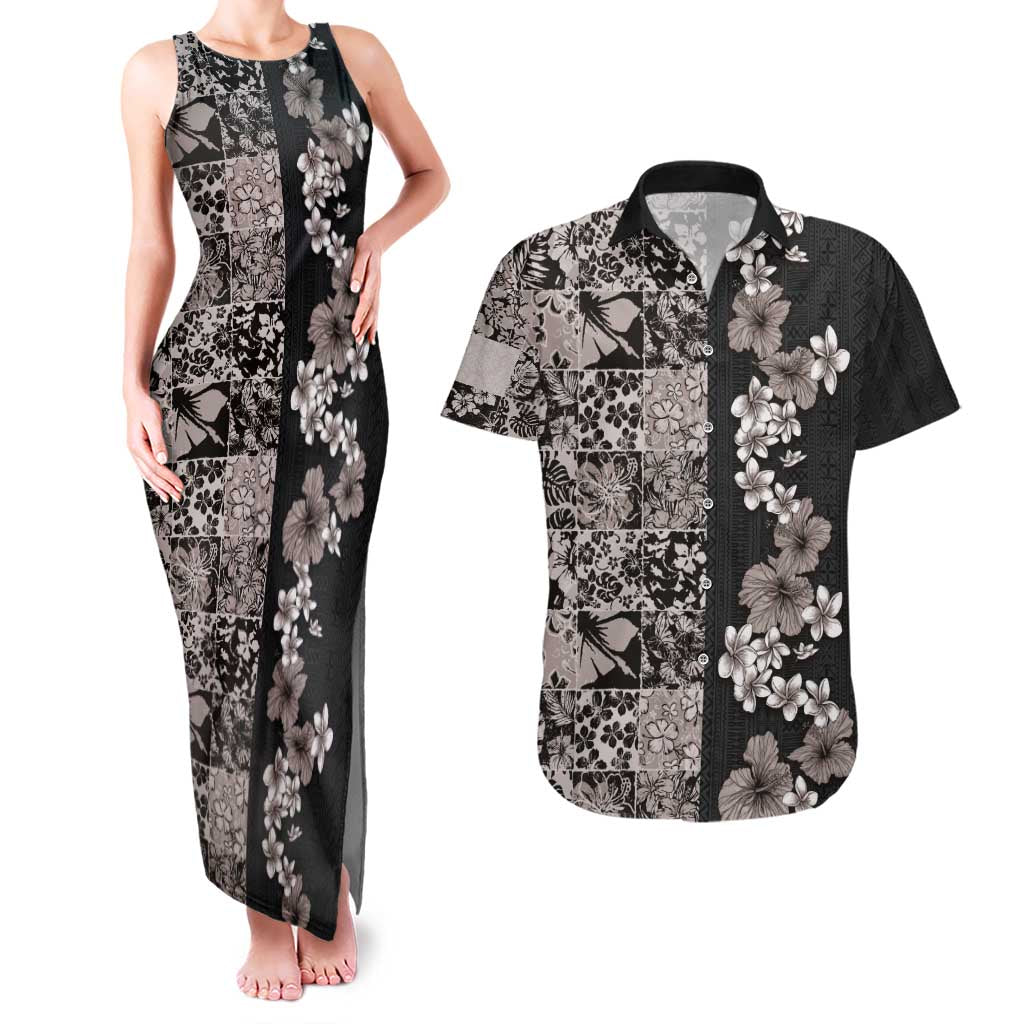 Hawaiian Hibiscus and Tropical Leaves Couples Matching Tank Maxi Dress and Hawaiian Shirt Patchwork Grunge Abstract Vintage Style Grayscale Color LT03 Black - Polynesian Pride