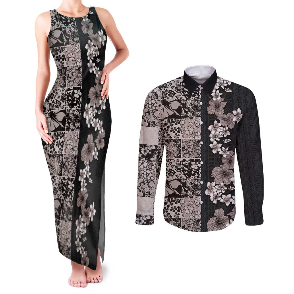 Hawaiian Hibiscus and Tropical Leaves Couples Matching Tank Maxi Dress and Long Sleeve Button Shirt Patchwork Grunge Abstract Vintage Style Grayscale Color LT03 Black - Polynesian Pride