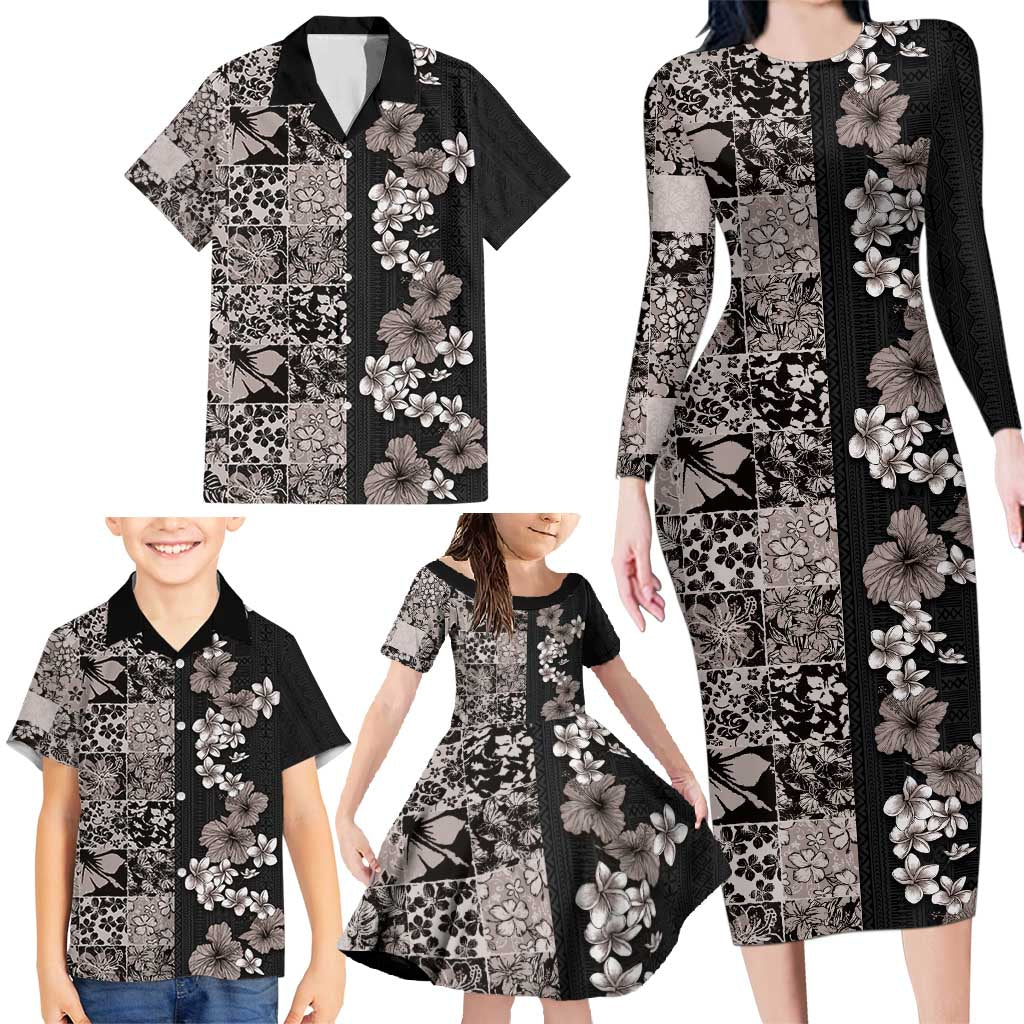Hawaiian Hibiscus and Tropical Leaves Family Matching Long Sleeve Bodycon Dress and Hawaiian Shirt Patchwork Grunge Abstract Vintage Style Grayscale Color LT03 - Polynesian Pride