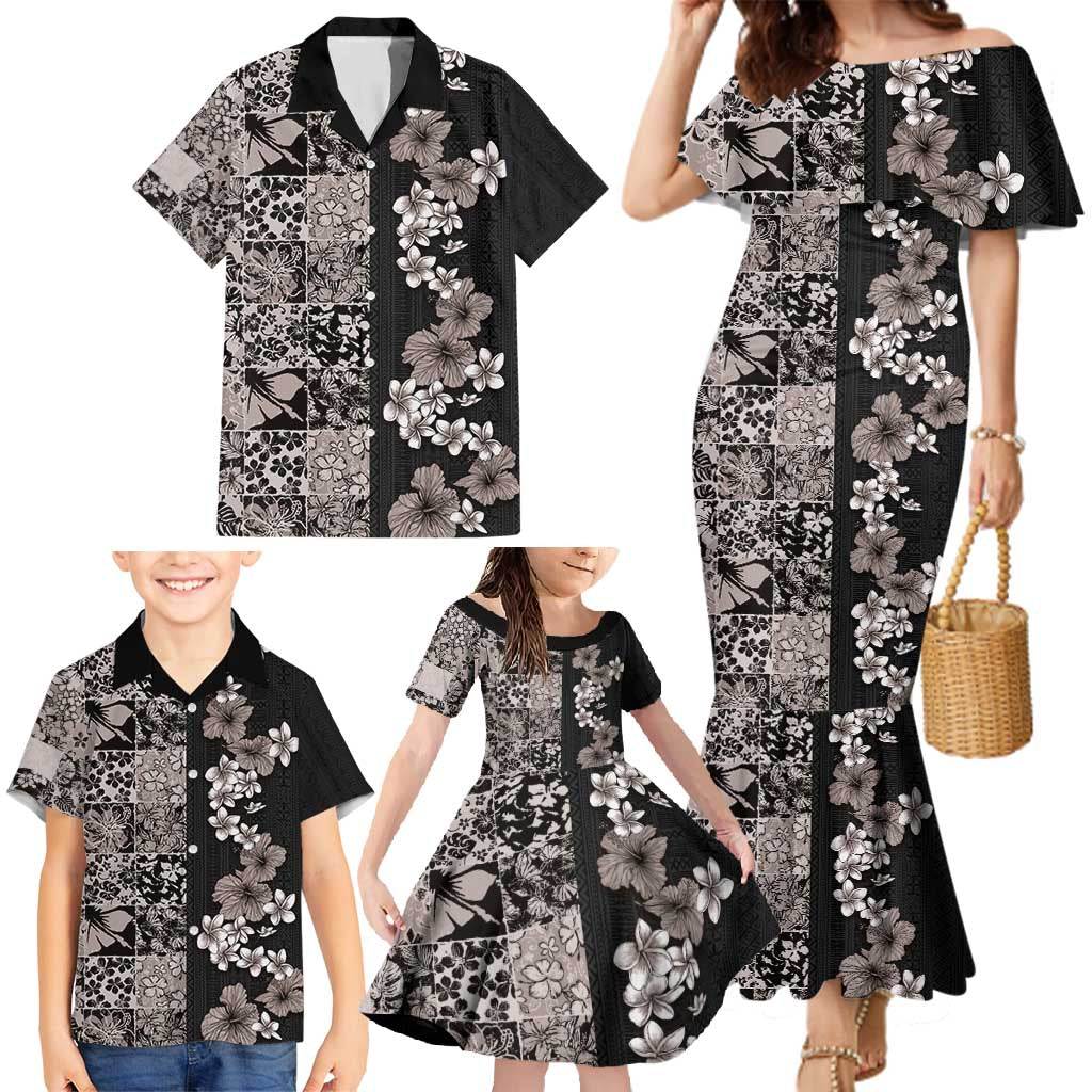 Hawaiian Hibiscus and Tropical Leaves Family Matching Mermaid Dress and Hawaiian Shirt Patchwork Grunge Abstract Vintage Style Grayscale Color LT03 - Polynesian Pride