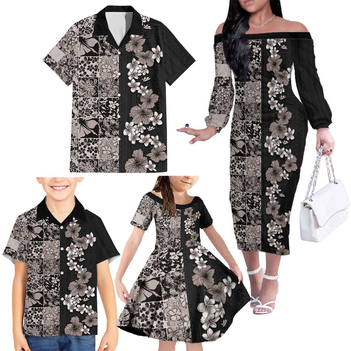Hawaiian Hibiscus and Tropical Leaves Family Matching Off The Shoulder Long Sleeve Dress and Hawaiian Shirt Patchwork Grunge Abstract Vintage Style Grayscale Color LT03 - Polynesian Pride