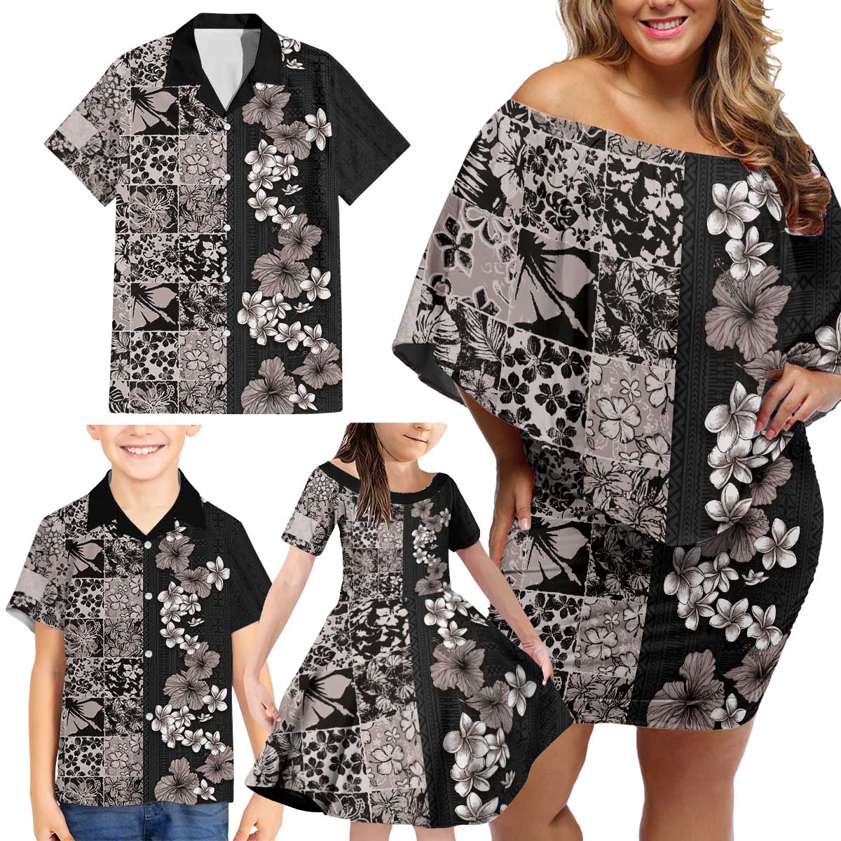 Hawaiian Hibiscus and Tropical Leaves Family Matching Off Shoulder Short Dress and Hawaiian Shirt Patchwork Grunge Abstract Vintage Style Grayscale Color LT03 - Polynesian Pride
