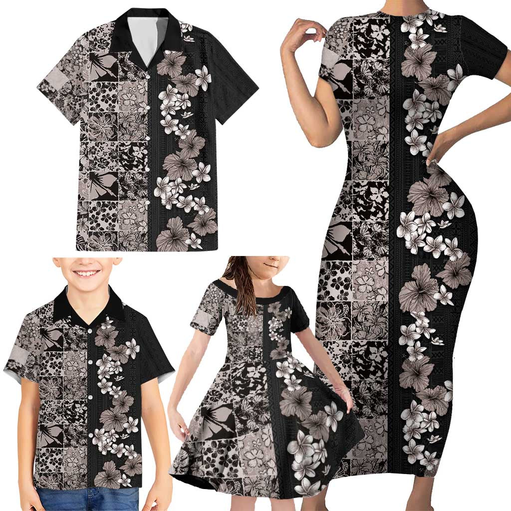 Hawaiian Hibiscus and Tropical Leaves Family Matching Short Sleeve Bodycon Dress and Hawaiian Shirt Patchwork Grunge Abstract Vintage Style Grayscale Color LT03 - Polynesian Pride