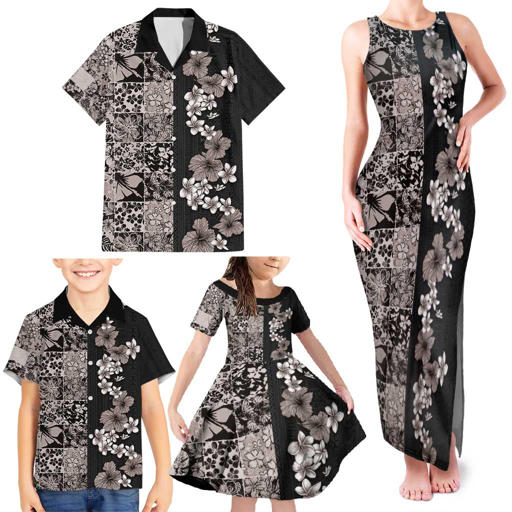 Hawaiian Hibiscus and Tropical Leaves Family Matching Tank Maxi Dress and Hawaiian Shirt Patchwork Grunge Abstract Vintage Style Grayscale Color LT03 - Polynesian Pride