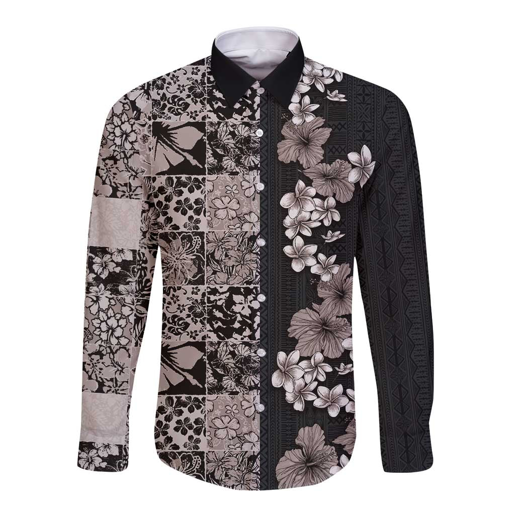 Hawaiian Hibiscus and Tropical Leaves Long Sleeve Button Shirt Patchwork Grunge Abstract Vintage Style Grayscale Color LT03 Unisex Black - Polynesian Pride