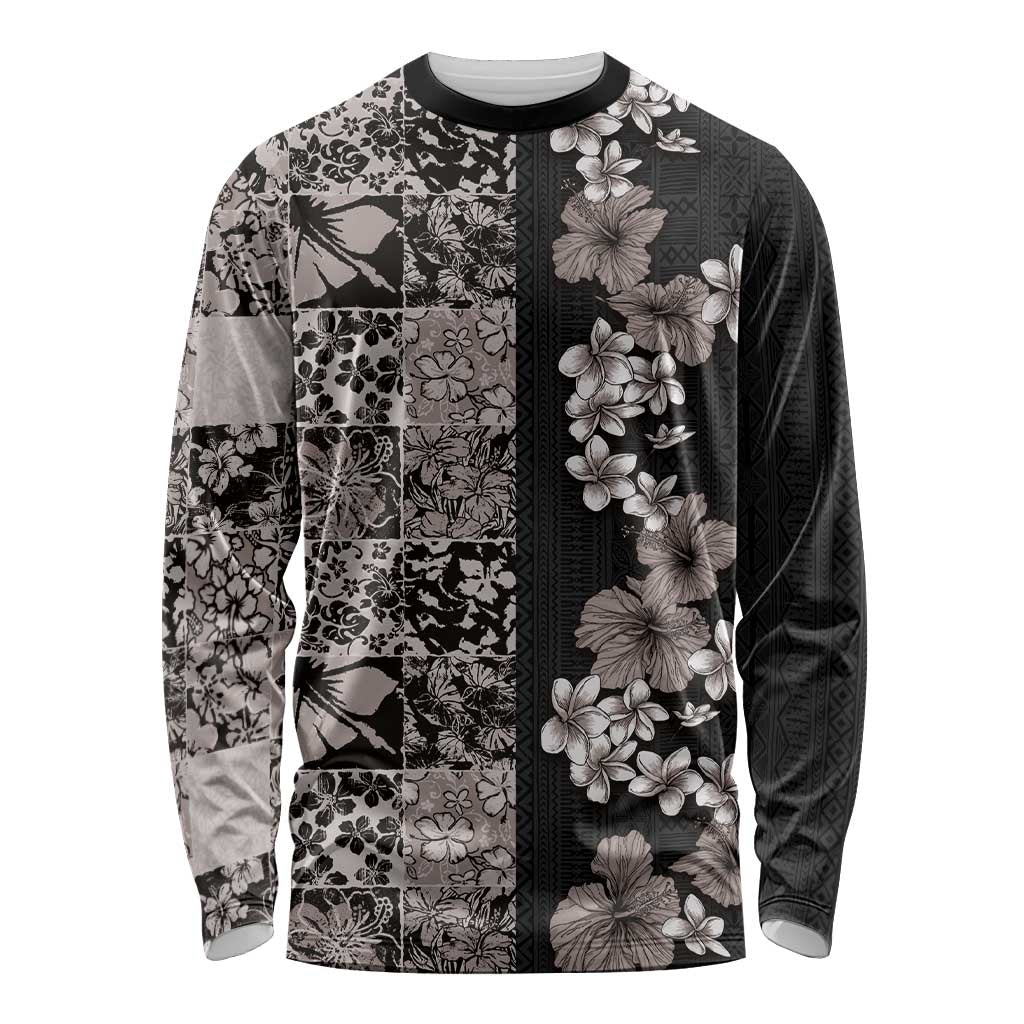Hawaiian Hibiscus and Tropical Leaves Long Sleeve Shirt Patchwork Grunge Abstract Vintage Style Grayscale Color LT03 Unisex Black - Polynesian Pride
