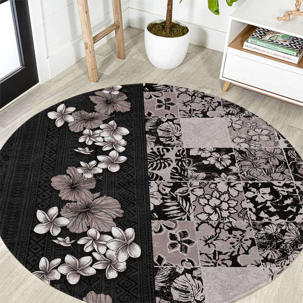 Hawaiian Hibiscus and Tropical Leaves Round Carpet Patchwork Grunge Abstract Vintage Style Grayscale Color LT03 Black - Polynesian Pride