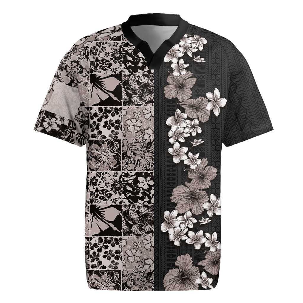 Hawaiian Hibiscus and Tropical Leaves Rugby Jersey Patchwork Grunge Abstract Vintage Style Grayscale Color LT03 Black - Polynesian Pride