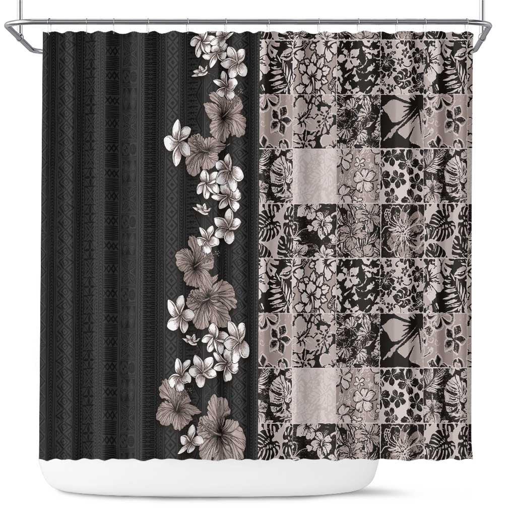 Hawaiian Hibiscus and Tropical Leaves Shower Curtain Patchwork Grunge Abstract Vintage Style Grayscale Color LT03 Black - Polynesian Pride