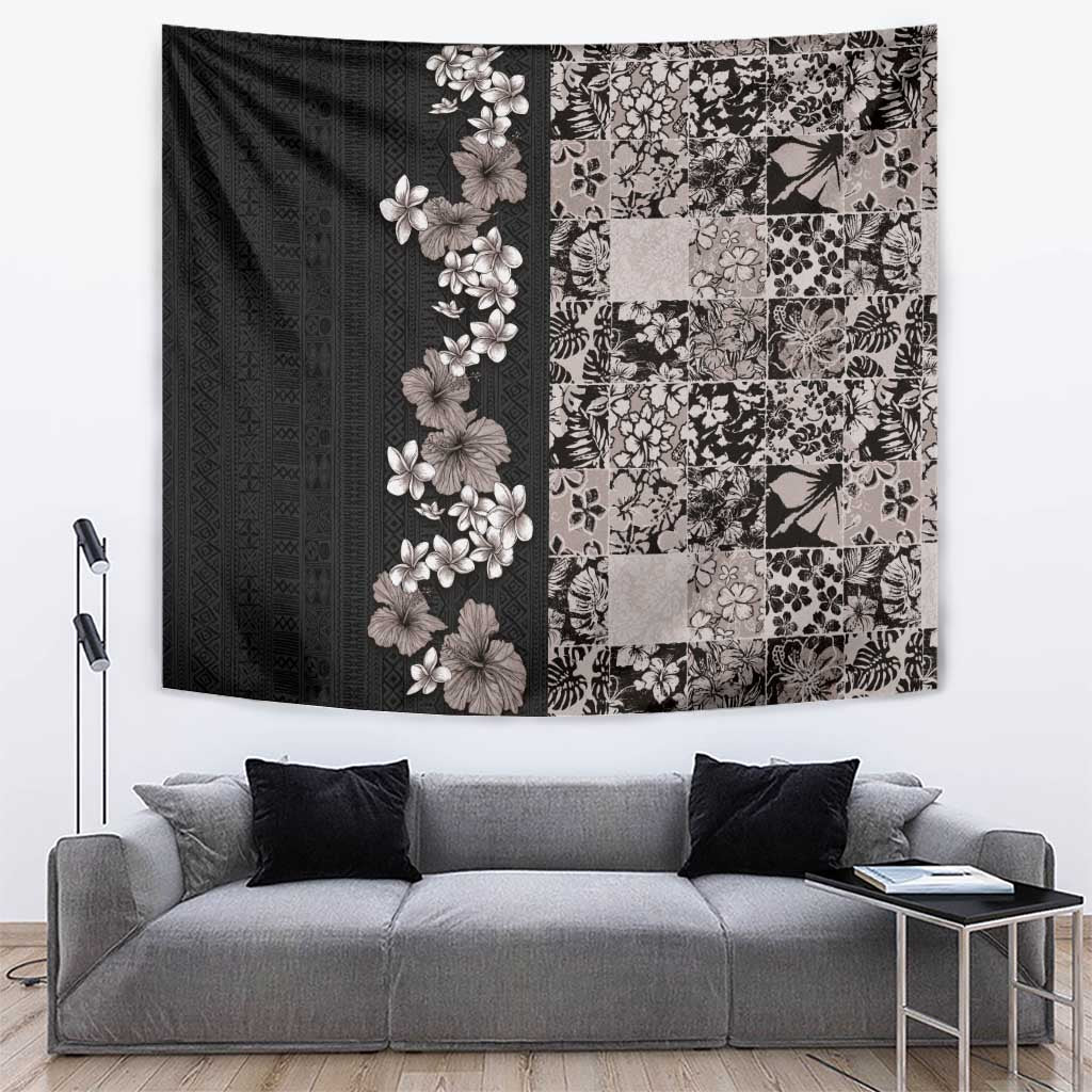 Hawaiian Hibiscus and Tropical Leaves Tapestry Patchwork Grunge Abstract Vintage Style Grayscale Color LT03 Black - Polynesian Pride