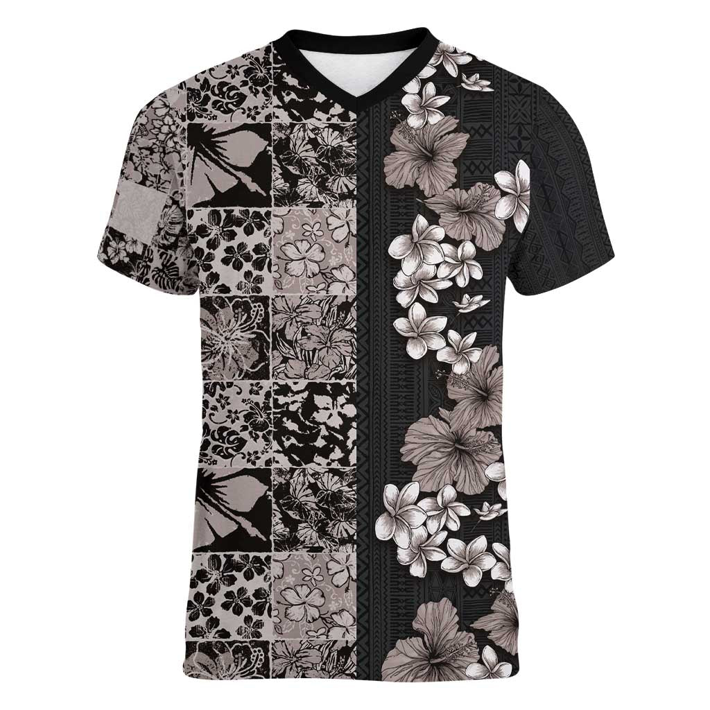 Hawaiian Hibiscus and Tropical Leaves Women V-Neck T-Shirt Patchwork Grunge Abstract Vintage Style Grayscale Color LT03 Female Black - Polynesian Pride