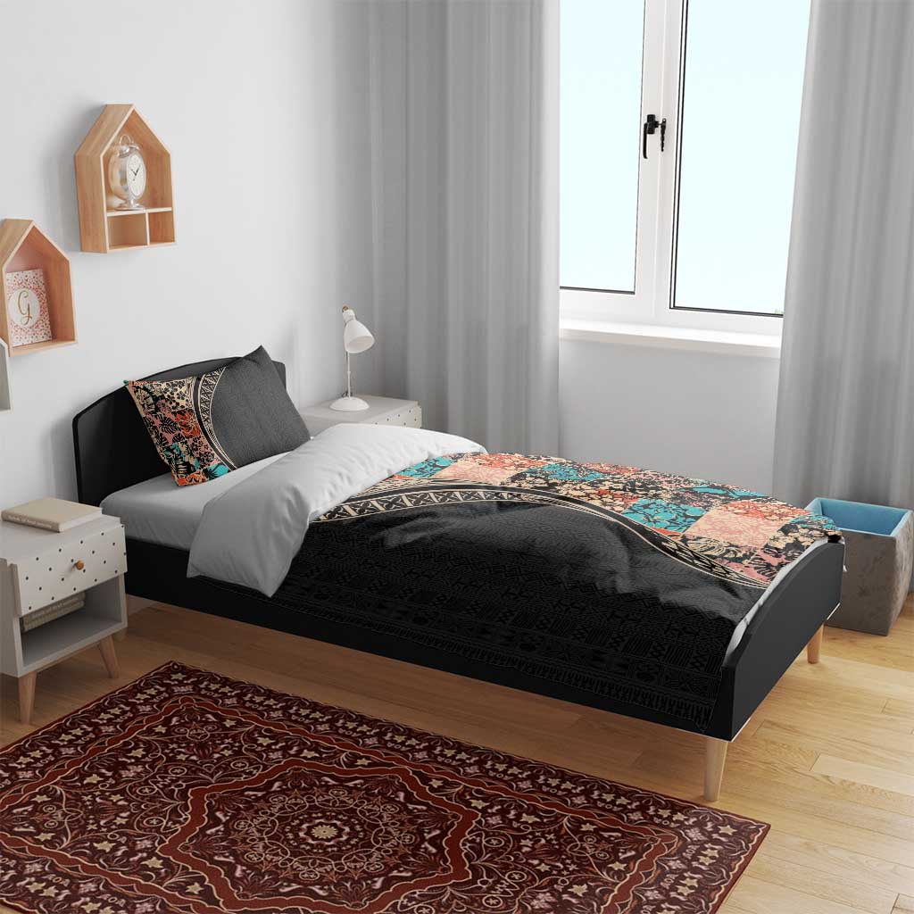 Hawaiian Hibiscus and Tropical Leaves Bedding Set Patchwork Grunge Abstract and Tapa Tribal Pattern Half Style