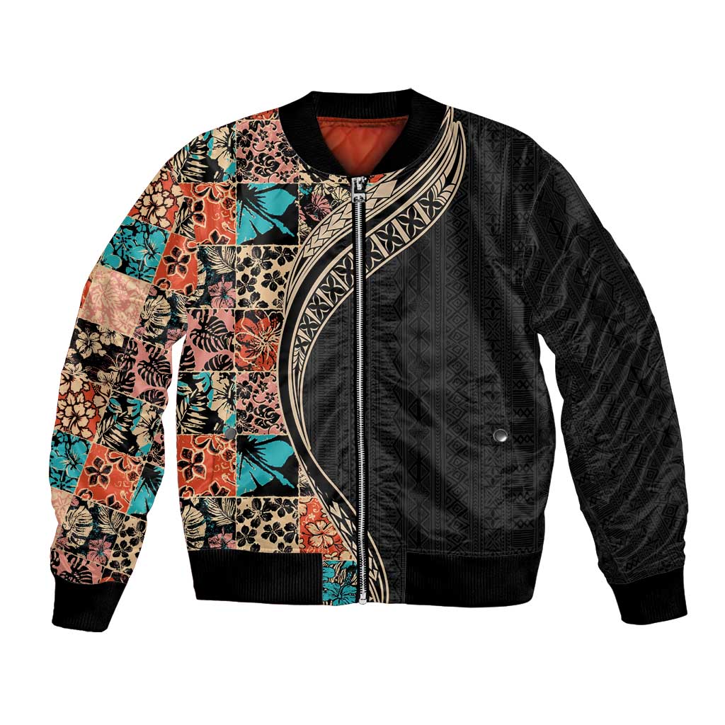 Hawaiian Hibiscus and Tropical Leaves Bomber Jacket Patchwork Grunge Abstract and Tapa Tribal Pattern Half Style LT03 Unisex Black - Polynesian Pride