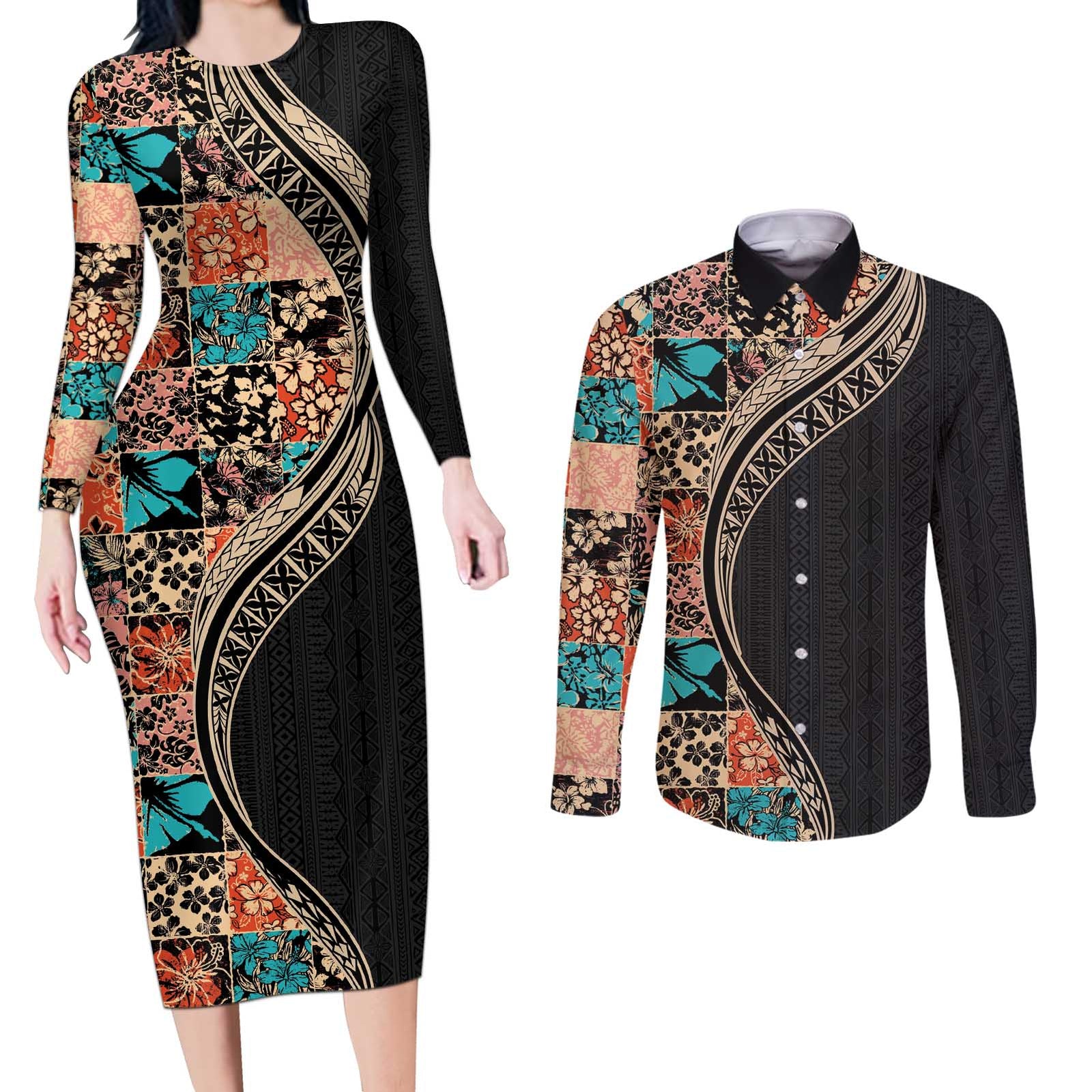 Hawaiian Hibiscus and Tropical Leaves Couples Matching Long Sleeve Bodycon Dress and Long Sleeve Button Shirt Patchwork Grunge Abstract and Tapa Tribal Pattern Half Style LT03 Black - Polynesian Pride