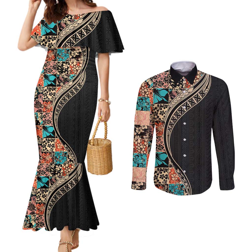 Hawaiian Hibiscus and Tropical Leaves Couples Matching Mermaid Dress and Long Sleeve Button Shirt Patchwork Grunge Abstract and Tapa Tribal Pattern Half Style LT03 Black - Polynesian Pride