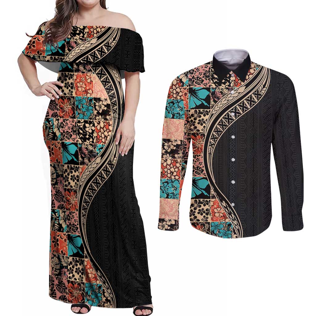 Hawaiian Hibiscus and Tropical Leaves Couples Matching Off Shoulder Maxi Dress and Long Sleeve Button Shirt Patchwork Grunge Abstract and Tapa Tribal Pattern Half Style LT03 Black - Polynesian Pride