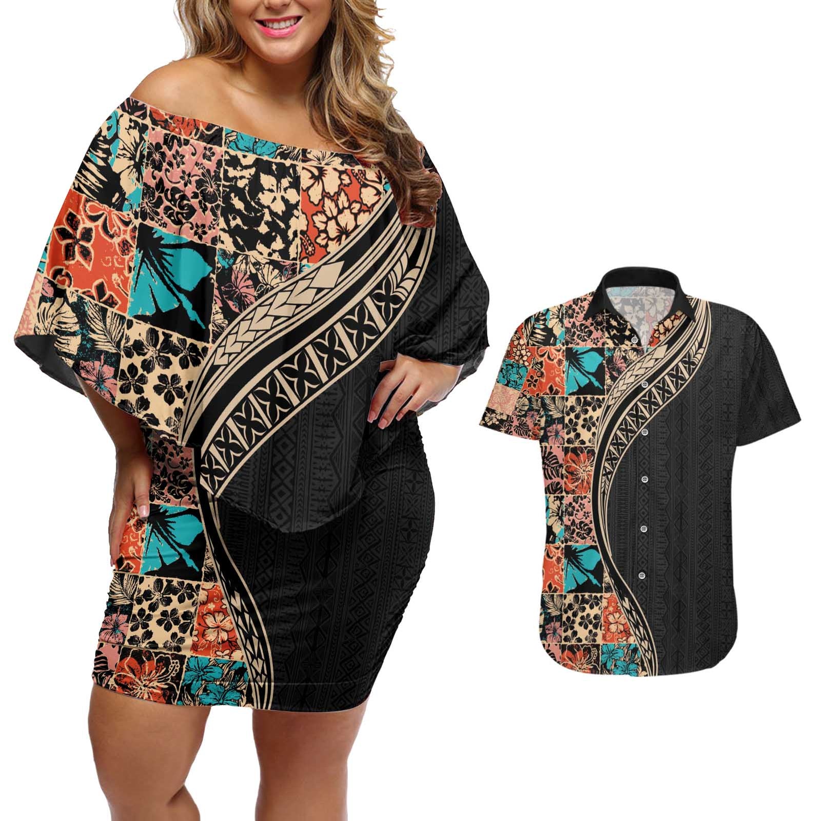 Hawaiian Hibiscus and Tropical Leaves Couples Matching Off Shoulder Short Dress and Hawaiian Shirt Patchwork Grunge Abstract and Tapa Tribal Pattern Half Style LT03 Black - Polynesian Pride