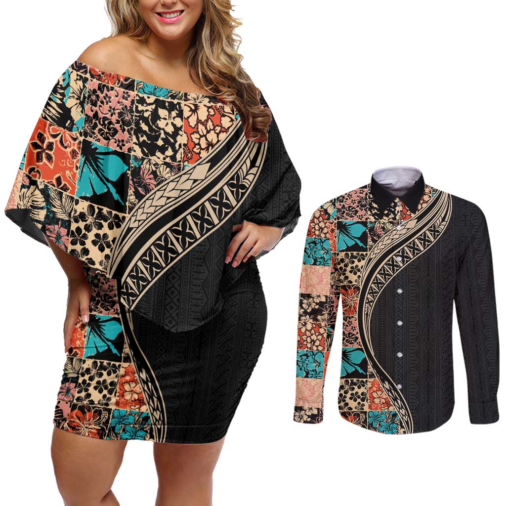 Hawaiian Hibiscus and Tropical Leaves Couples Matching Off Shoulder Short Dress and Long Sleeve Button Shirt Patchwork Grunge Abstract and Tapa Tribal Pattern Half Style LT03 Black - Polynesian Pride