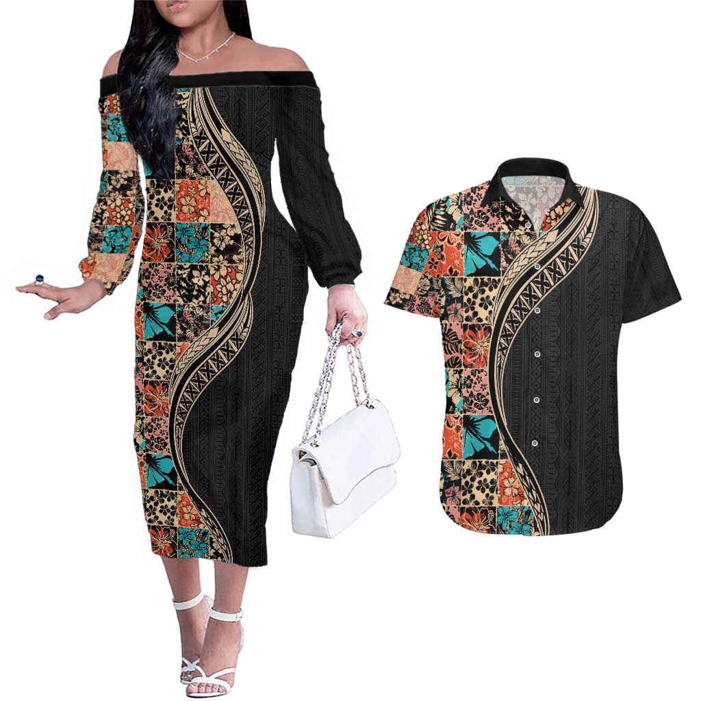 Hawaiian Hibiscus and Tropical Leaves Couples Matching Off The Shoulder Long Sleeve Dress and Hawaiian Shirt Patchwork Grunge Abstract and Tapa Tribal Pattern Half Style LT03 Black - Polynesian Pride