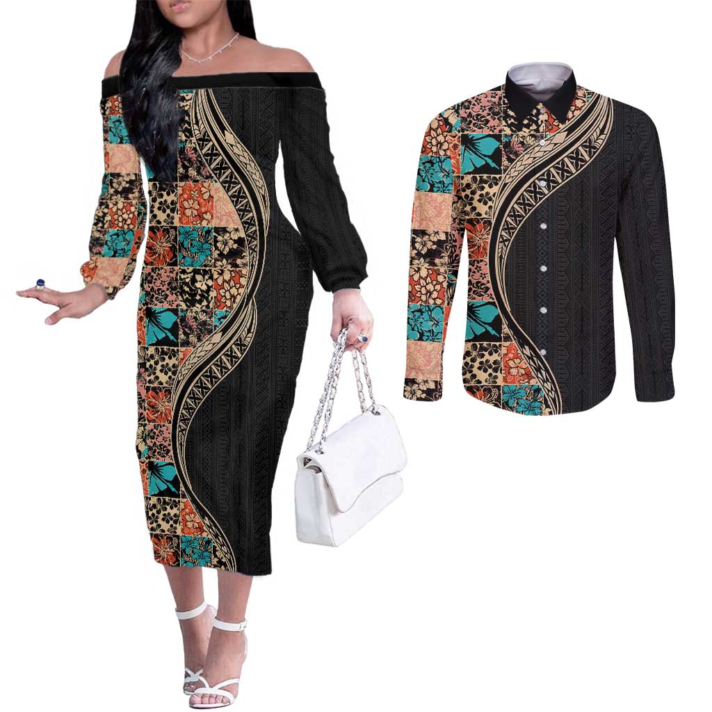 Hawaiian Hibiscus and Tropical Leaves Couples Matching Off The Shoulder Long Sleeve Dress and Long Sleeve Button Shirt Patchwork Grunge Abstract and Tapa Tribal Pattern Half Style LT03 Black - Polynesian Pride