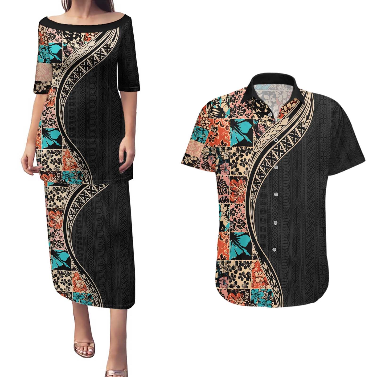 Hawaiian Hibiscus and Tropical Leaves Couples Matching Puletasi and Hawaiian Shirt Patchwork Grunge Abstract and Tapa Tribal Pattern Half Style LT03 Black - Polynesian Pride