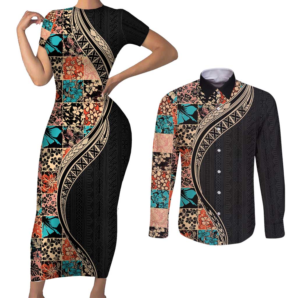 Hawaiian Hibiscus and Tropical Leaves Couples Matching Short Sleeve Bodycon Dress and Long Sleeve Button Shirt Patchwork Grunge Abstract and Tapa Tribal Pattern Half Style LT03 Black - Polynesian Pride