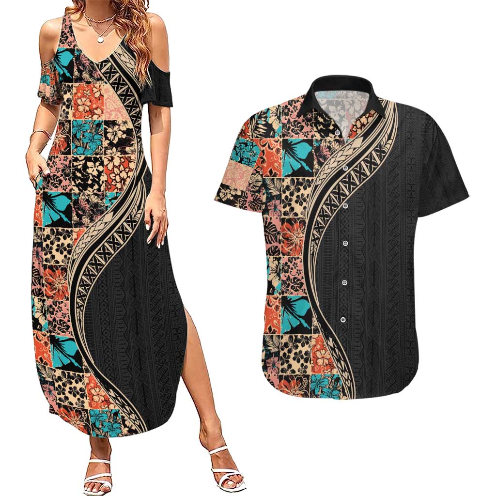 Hawaiian Hibiscus and Tropical Leaves Couples Matching Summer Maxi Dress and Hawaiian Shirt Patchwork Grunge Abstract and Tapa Tribal Pattern Half Style LT03 Black - Polynesian Pride