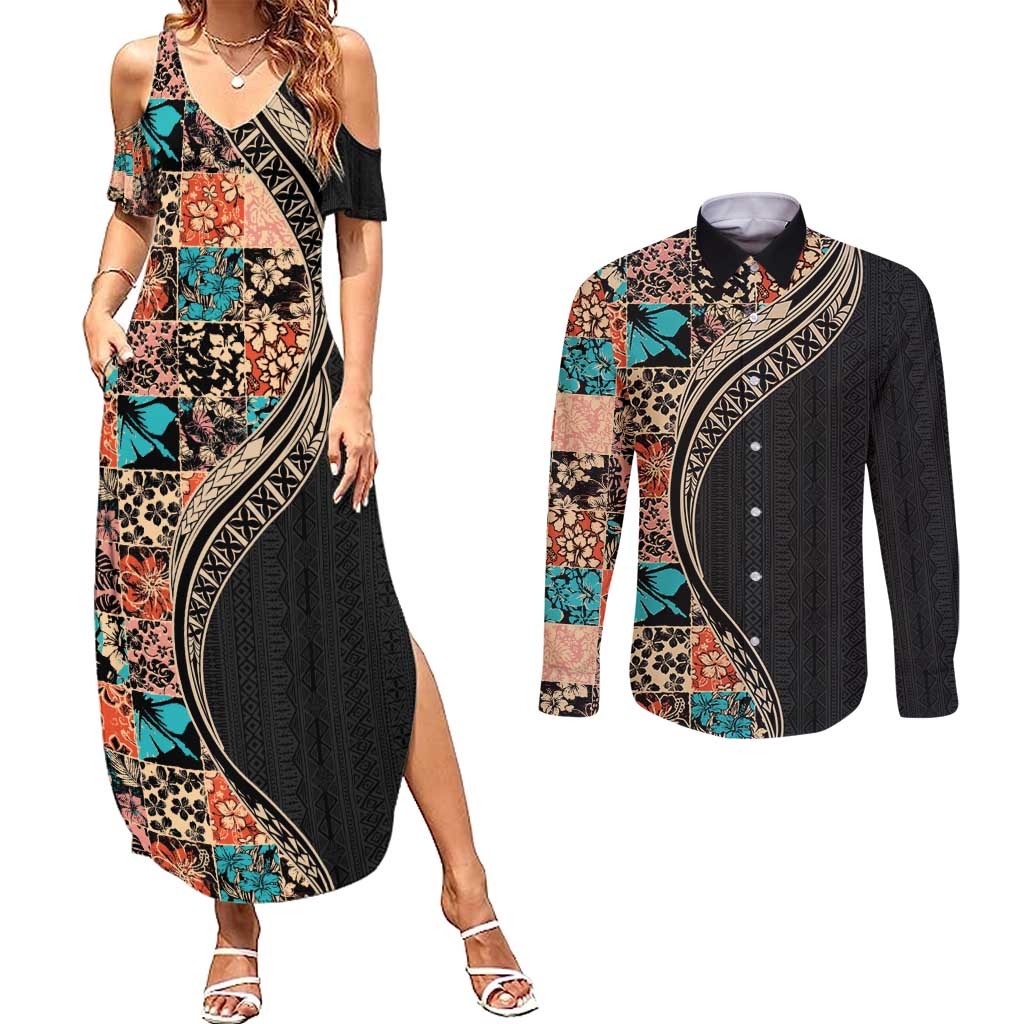 Hawaiian Hibiscus and Tropical Leaves Couples Matching Summer Maxi Dress and Long Sleeve Button Shirt Patchwork Grunge Abstract and Tapa Tribal Pattern Half Style LT03 Black - Polynesian Pride