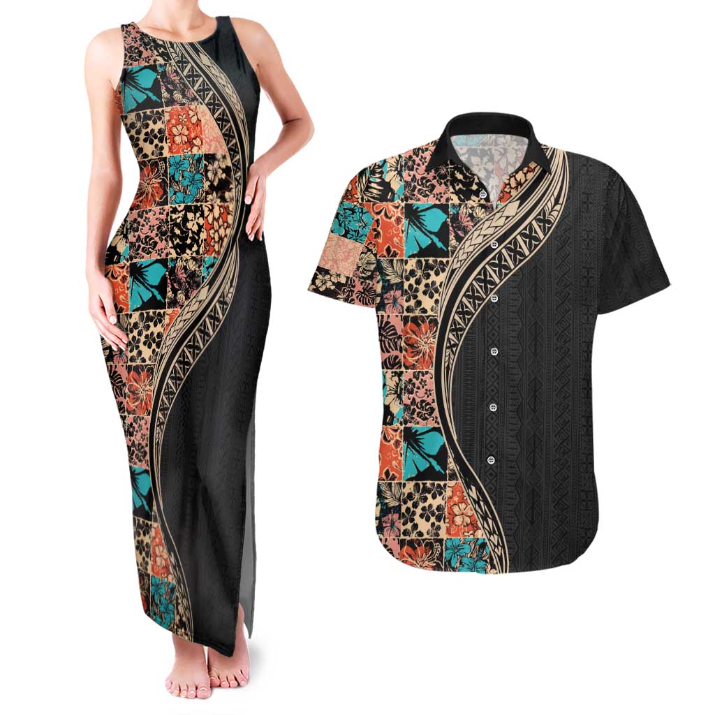 Hawaiian Hibiscus and Tropical Leaves Couples Matching Tank Maxi Dress and Hawaiian Shirt Patchwork Grunge Abstract and Tapa Tribal Pattern Half Style LT03 Black - Polynesian Pride