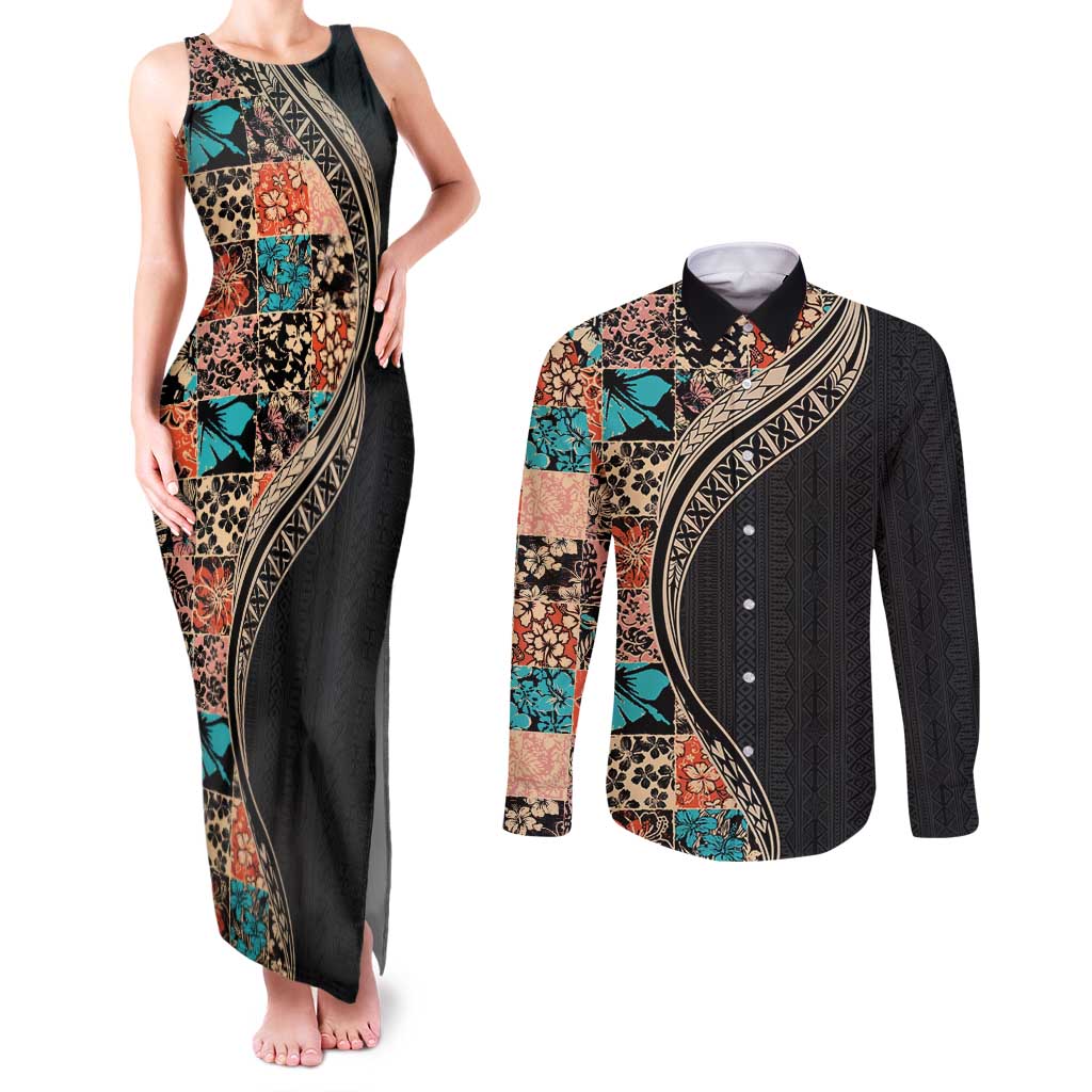 Hawaiian Hibiscus and Tropical Leaves Couples Matching Tank Maxi Dress and Long Sleeve Button Shirt Patchwork Grunge Abstract and Tapa Tribal Pattern Half Style LT03 Black - Polynesian Pride