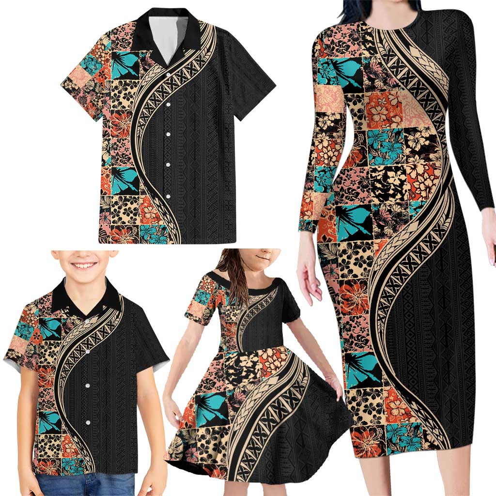 Hawaiian Hibiscus and Tropical Leaves Family Matching Long Sleeve Bodycon Dress and Hawaiian Shirt Patchwork Grunge Abstract and Tapa Tribal Pattern Half Style LT03 - Polynesian Pride