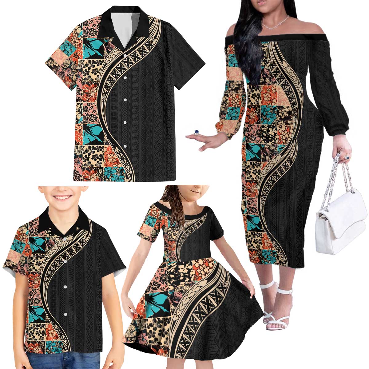 Hawaiian Hibiscus and Tropical Leaves Family Matching Off The Shoulder Long Sleeve Dress and Hawaiian Shirt Patchwork Grunge Abstract and Tapa Tribal Pattern Half Style LT03 - Polynesian Pride