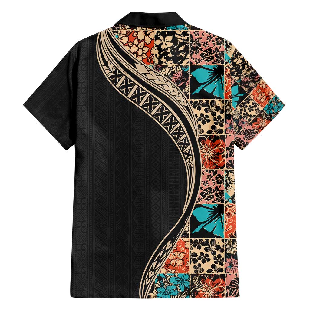 Hawaiian Hibiscus and Tropical Leaves Family Matching Off Shoulder Maxi Dress and Hawaiian Shirt Patchwork Grunge Abstract and Tapa Tribal Pattern Half Style