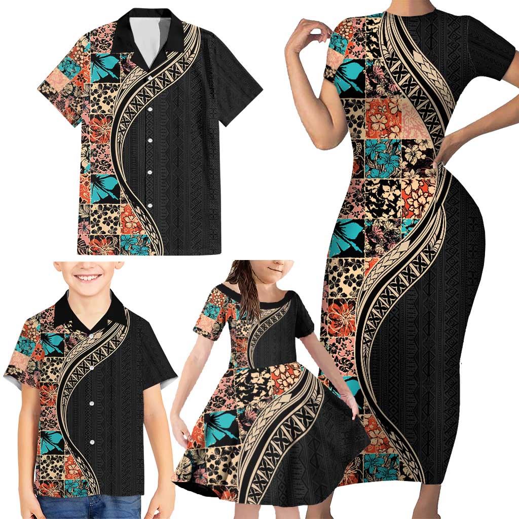 Hawaiian Hibiscus and Tropical Leaves Family Matching Short Sleeve Bodycon Dress and Hawaiian Shirt Patchwork Grunge Abstract and Tapa Tribal Pattern Half Style LT03 - Polynesian Pride