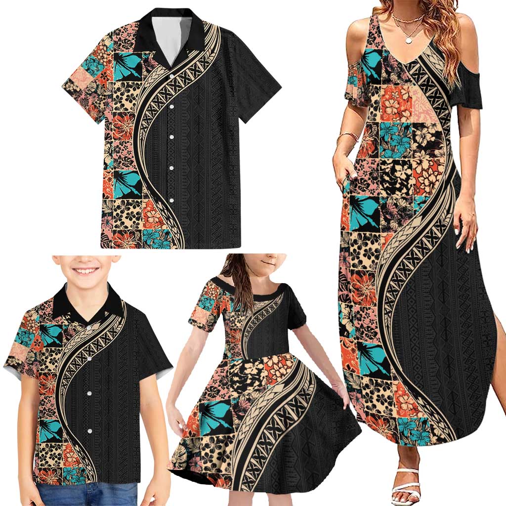 Hawaiian Hibiscus and Tropical Leaves Family Matching Summer Maxi Dress and Hawaiian Shirt Patchwork Grunge Abstract and Tapa Tribal Pattern Half Style LT03 - Polynesian Pride