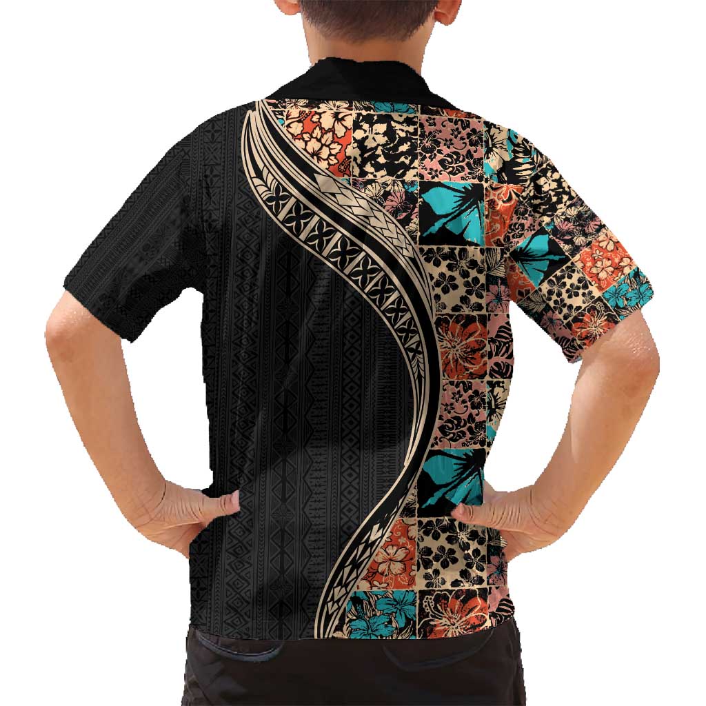 Hawaiian Hibiscus and Tropical Leaves Family Matching Tank Maxi Dress and Hawaiian Shirt Patchwork Grunge Abstract and Tapa Tribal Pattern Half Style
