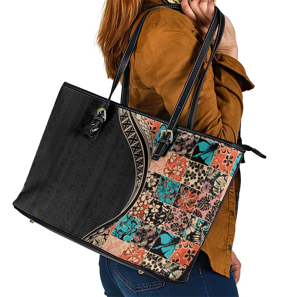 Hawaiian Hibiscus and Tropical Leaves Leather Tote Bag Patchwork Grunge Abstract and Tapa Tribal Pattern Half Style