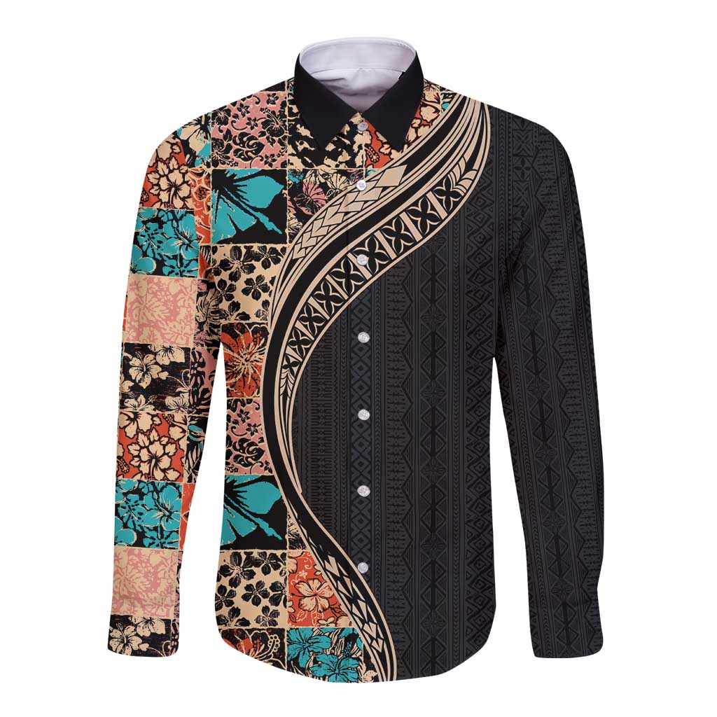 Hawaiian Hibiscus and Tropical Leaves Long Sleeve Button Shirt Patchwork Grunge Abstract and Tapa Tribal Pattern Half Style LT03 Unisex Black - Polynesian Pride