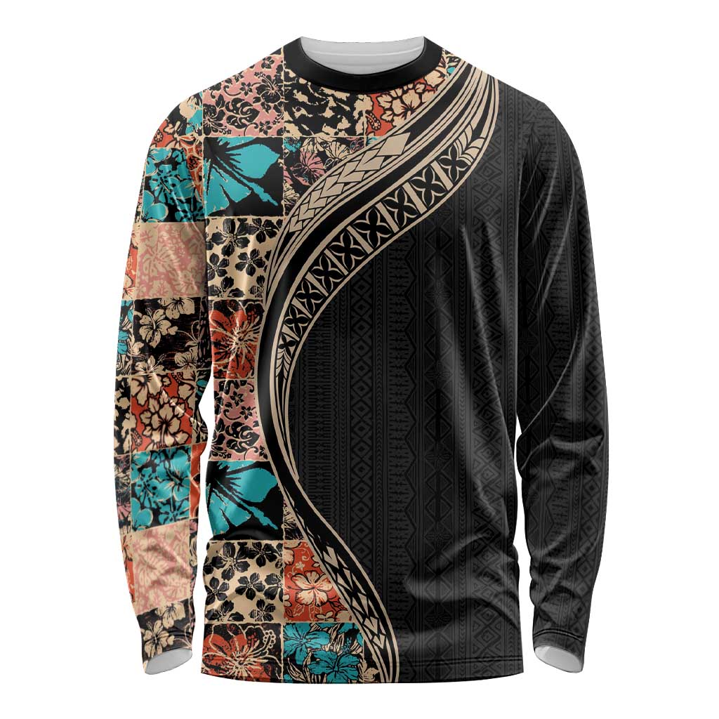 Hawaiian Hibiscus and Tropical Leaves Long Sleeve Shirt Patchwork Grunge Abstract and Tapa Tribal Pattern Half Style LT03 Unisex Black - Polynesian Pride
