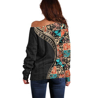 Hawaiian Hibiscus and Tropical Leaves Off Shoulder Sweater Patchwork Grunge Abstract and Tapa Tribal Pattern Half Style
