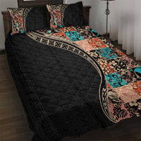 Hawaiian Hibiscus and Tropical Leaves Quilt Bed Set Patchwork Grunge Abstract and Tapa Tribal Pattern Half Style