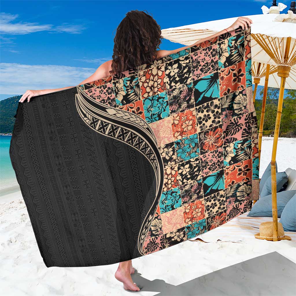 Hawaiian Hibiscus and Tropical Leaves Sarong Patchwork Grunge Abstract and Tapa Tribal Pattern Half Style LT03 One Size 44 x 66 inches Black - Polynesian Pride